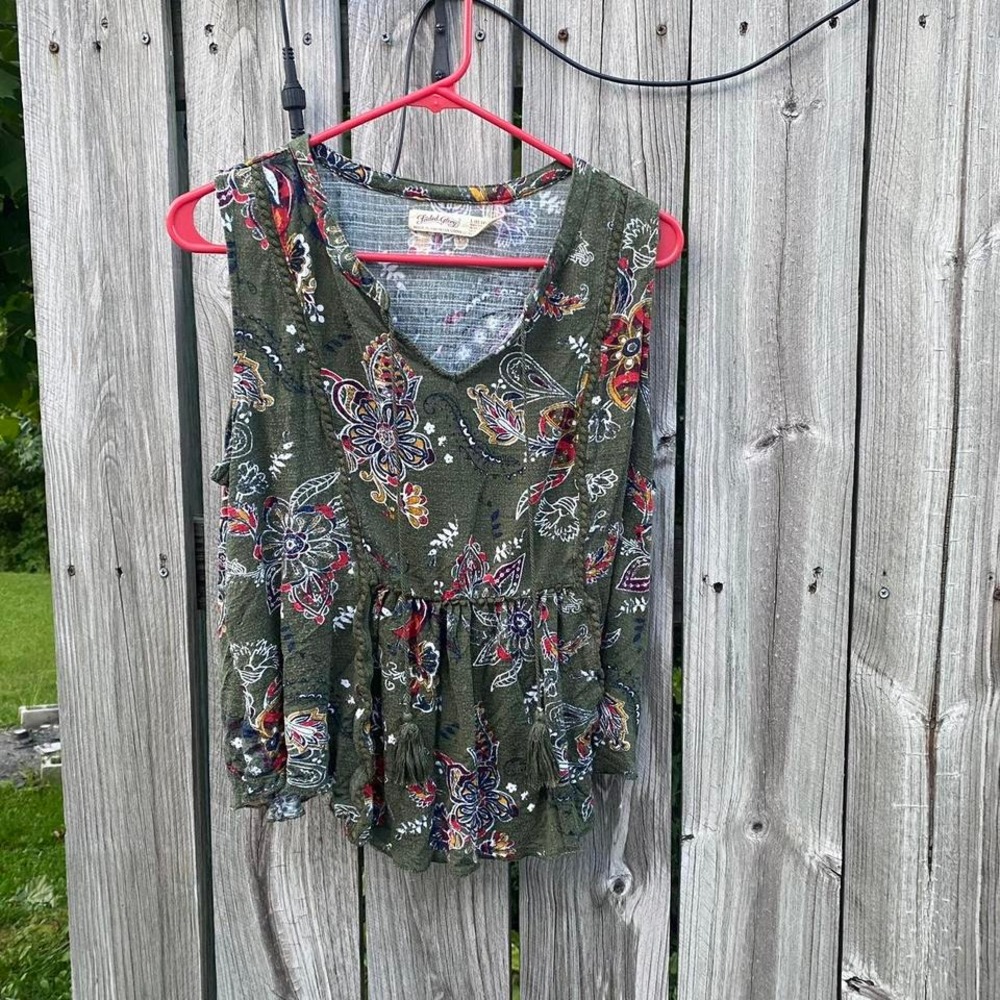 Faded Glory Womens Green‎ Floral Paisley Peplum Tank Top Tassels Size L 12-14